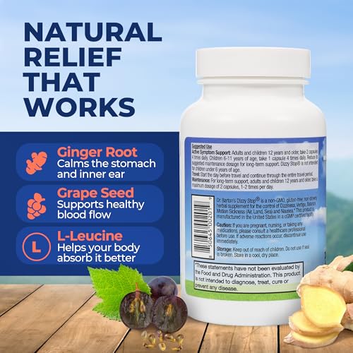 Dizzy Stop Dr. Barton's Vertigo Relief Products with Ginger and Grape Seed - Non-Drowsy Motion Sickness Pills for Dizziness Relief and Inner Ear Balance - (80 Count – Pack of 2)