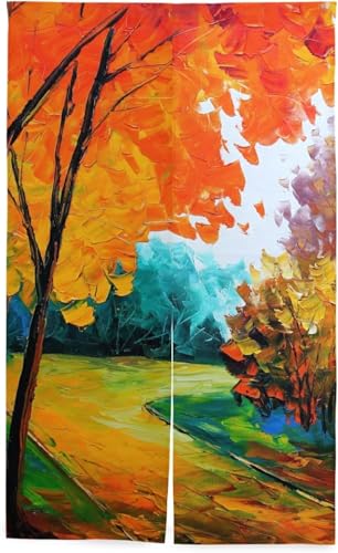 のれん 秋の森 油絵 風景 紅葉 田舎 暖簾 カーテン おしゃれ 間仕切り 遮光 目隠し ロング 断熱 つっぱり棒 突っ張り棒 伸縮棒付き 86*143cm インテリア 喫茶店 居酒屋 飾り付け 装飾 34x56inch