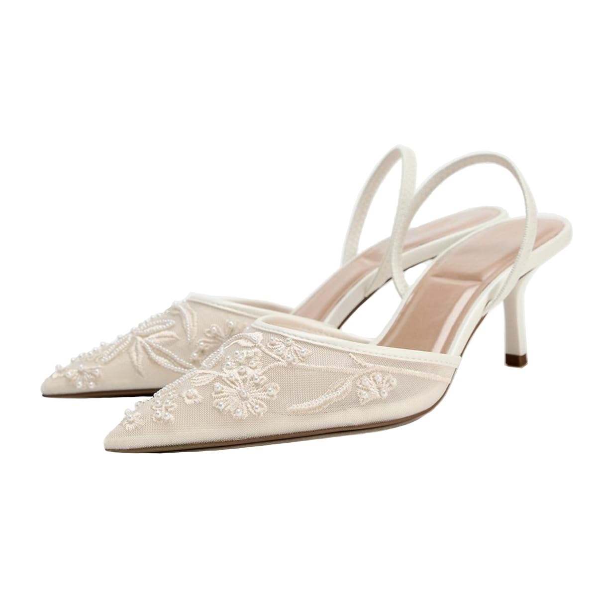 Aibeyrei Women's Embroidered Mesh Slingback Pumps with Pointed Toe & Thin Heels - Elastic Strap Dress Shoes for Women Perfect for Parties & Formal