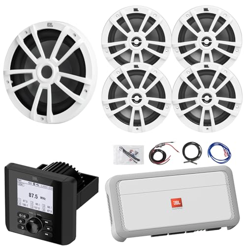 Bluetooth Radio Multi-Element Digital Media Marine Audio Receiver, 4X 6.5 180W Peak Power 2-Way Multi-Element Boat White Speakers, 10