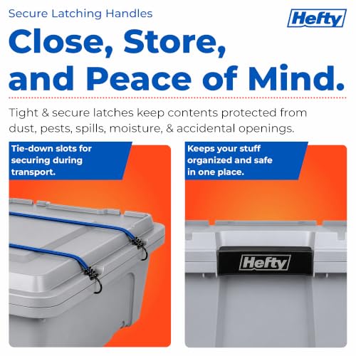 Image of Hefty MAX Pro 12 Gallon Storage Bins with Latching Lids, Heavy Duty Stackable Plastic Storage Containers for Garage, Basement & Outdoor Use, Utility Storage Tote, 6 Pack, Gray