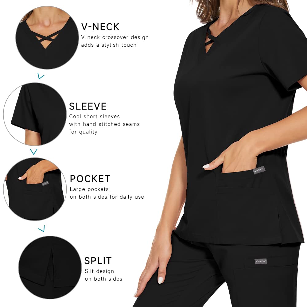 Women Scrubs Top Workwear Stretch V-Neck Professionals Medical Uniforms with Pocket (Black,L,Large)