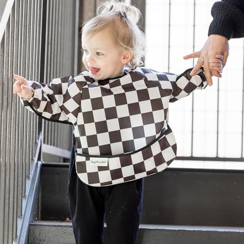 Image of Tiny Twinkle Long Sleeve Bib for Babies & Toddlers | Waterproof Smock Bib for Eating | Machine Washable & Mess-Proof Feeding Essentials | Newborn Shower Gift (Checkers Black, 6-24M)