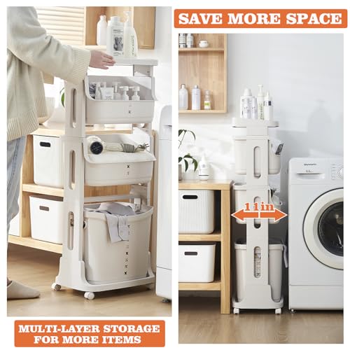 4-Tier Laundry Baskets on Wheels, Rolling Laundry Sorter Trolley Carts Plastic Washing Hamper White Storage Bin with Large Top Shelf Easy to Install Dirty Clothes Basket for Bathroom, Kitchen, Office - Image 2