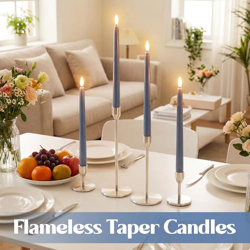 Image of Macarrie 24 Packs Flameless Taper Candles Battery Operated Fake 11 Inch Long Candlelight LED Flameless Candlesticks Flickering Tapered for Summer Fall Wedding(Haze Blue)