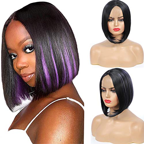 Monikahair Bob Wig for Black Women Ombre Bob Wigs Highlight Purple Middle Part Synthetic Hair Wigs Natural Looking Heat Resistant Fiber for Party
