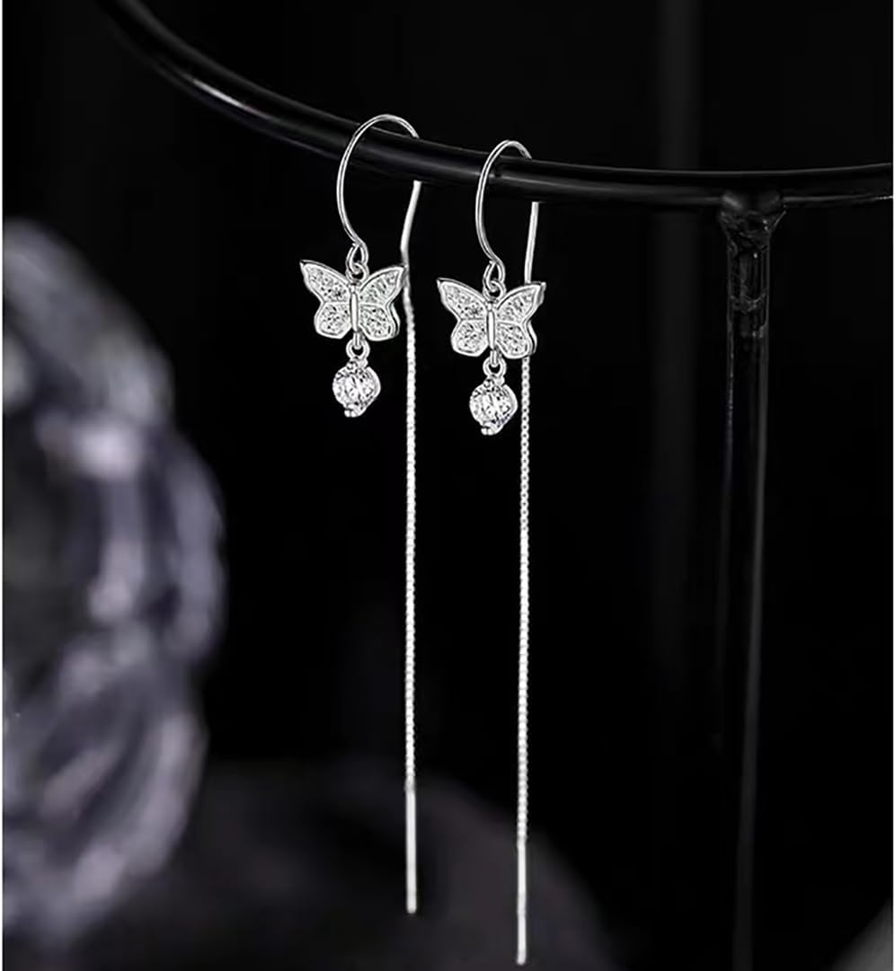 Solid 925 Sterling Silver CZ Butterfly Chain Dangle Earrings Drops for Women Teens Butterfly Tassel Earrings Threader Hypoallergenic - Image 4