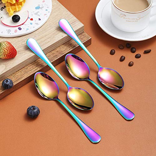 Rainbow Teaspoons 6.5" Set Of 4, Berglander Stainless Steel Titanium Plating Shiny Mutil-Color Tea Spoons Silverware, Colorful Tea Spoon Small Dessert Spoon Teaspoon Easy To Clean Dishwasher Safe #TOP3
