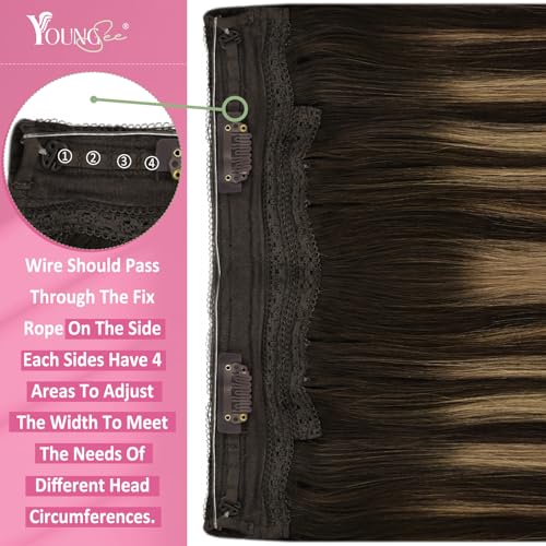 Image of YoungSee 135G Balayage Wire Hair Extensions Real Human Hair, Chocolate Brown Balayage Caramel Blonde, Wire Hair Extensions Brown, 22Inch Long Straight Remy Hair Fish Line Extension
