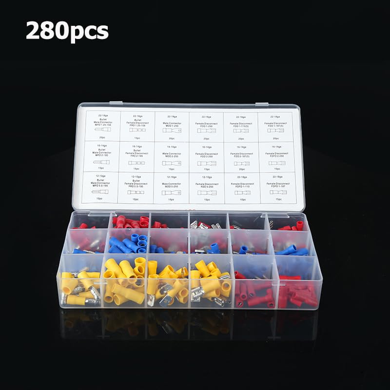280pcs/box Wire Terminal Assortment Pre-Insulated Terminals Insulated Electrical Connectors Terminals 18 Popular Sizes - (Color: 280pcs)