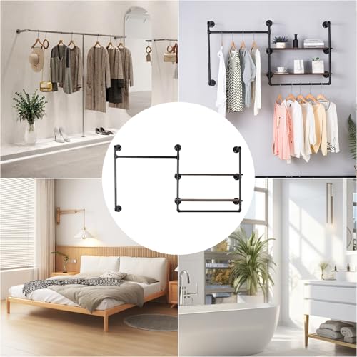 EDCB Industrial Pipe Clothing Rack Wall Mounted with 2 Wood Shelves, Heavy Duty Double Rod Garment Rack for Bedroom, Laundry Room & Retail Store, Black, 59 Inch by EDCB - Used condition - Image 6