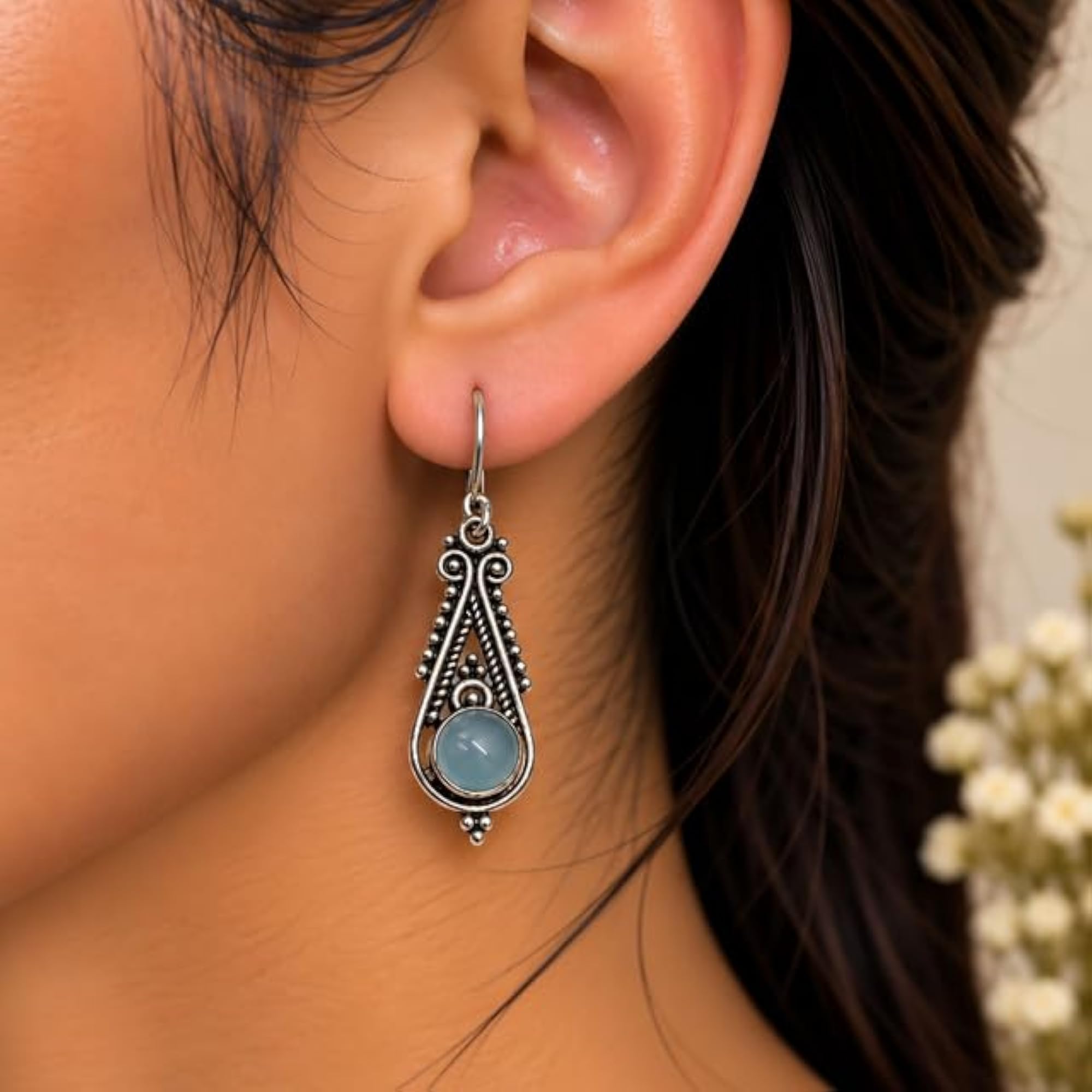 Women's 925 Sterling Silver Chalcedony Drop Earrings, Traditional