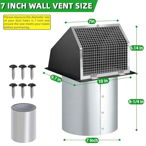 Image of 7Inch Wall Vent with Screen and Damper,Galvanized Steel Hooded Wall Vent Cover Cap Exhaust Vent Cover Outside,Exterior Vent Hood Outdoor for Kitchen Range Hood Laundry Dryer Bathroom Fan Duct Air Vent