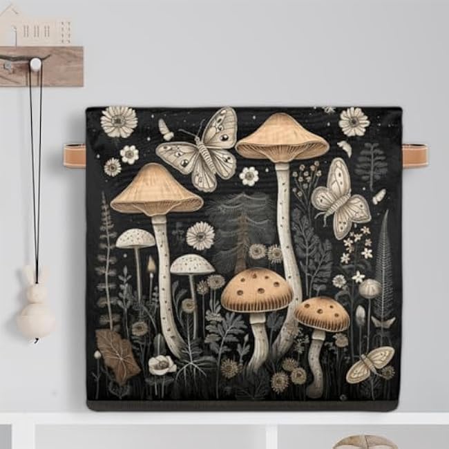 13x13 Inch Storage Basket Bin Mushrooms Butterfly Polyester Cloth Storage Cube Box Toys Clothes Towels Organizer for Kids Room Bedroom Shelves Pantry