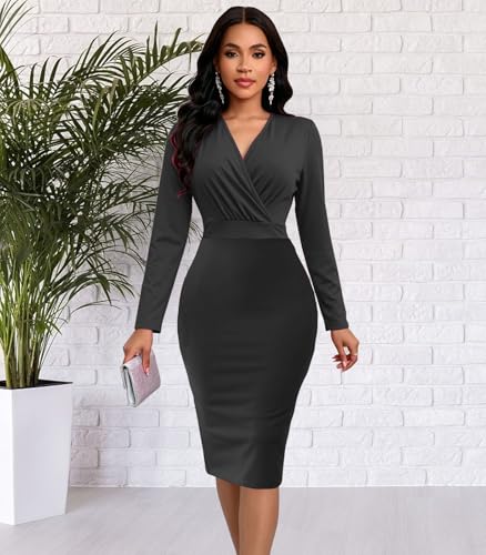 Image of Funeral Church Dresses for Women Formal Long Sleeve Wrap Business Work Dress Vintage Ruched Midi Pencil Dress