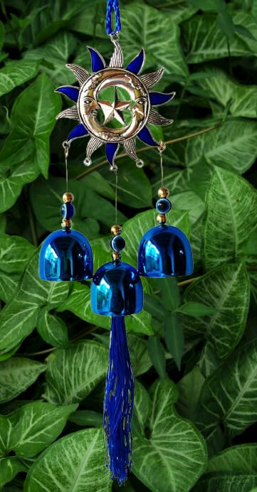 Image of Evil Eye Wind Chime Sunmoon Chakra with 3 Bells Blue for Home & Office Wall Hanging for Home Protection | Car Hanging | Brings Positive Vibes & Removes Negative Energy | Turkish Evil Eye Wind Chime