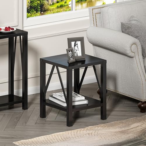 Image of Treocho Farmhouse Side Table Set of 2, Rustic Vintage Nightstand End Table with Shelf for Living Room, Bedroom, Black