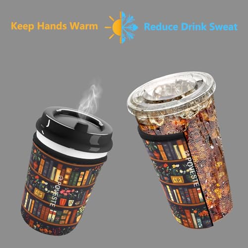 Image of Reusable Neoprene Insulator Sleeve for Iced Coffee & Cold Soda, Coffee Sleeves for Iced & Hot Drinks, Cold Beverage Cooler Compatible with Starbucks, Dunkin (Book&Flower, Medium: 22-24oz)