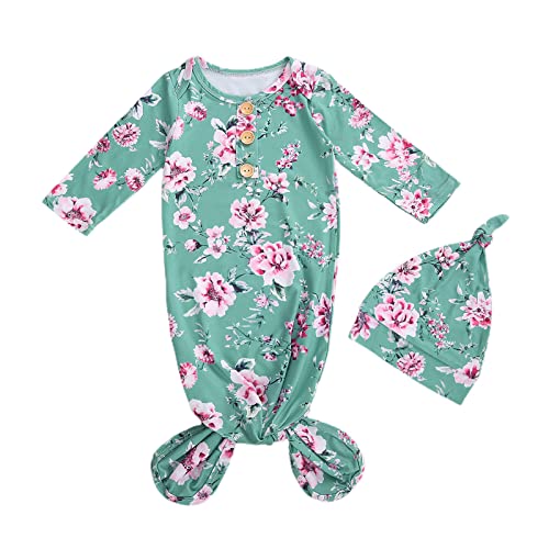 Image of Tsseiatte Newborn Baby Boy Girl Knotted Gowns Long Sleeve Printed Sleeping Bag Coming Home Outfit Nightgown Pajamas Hat Set