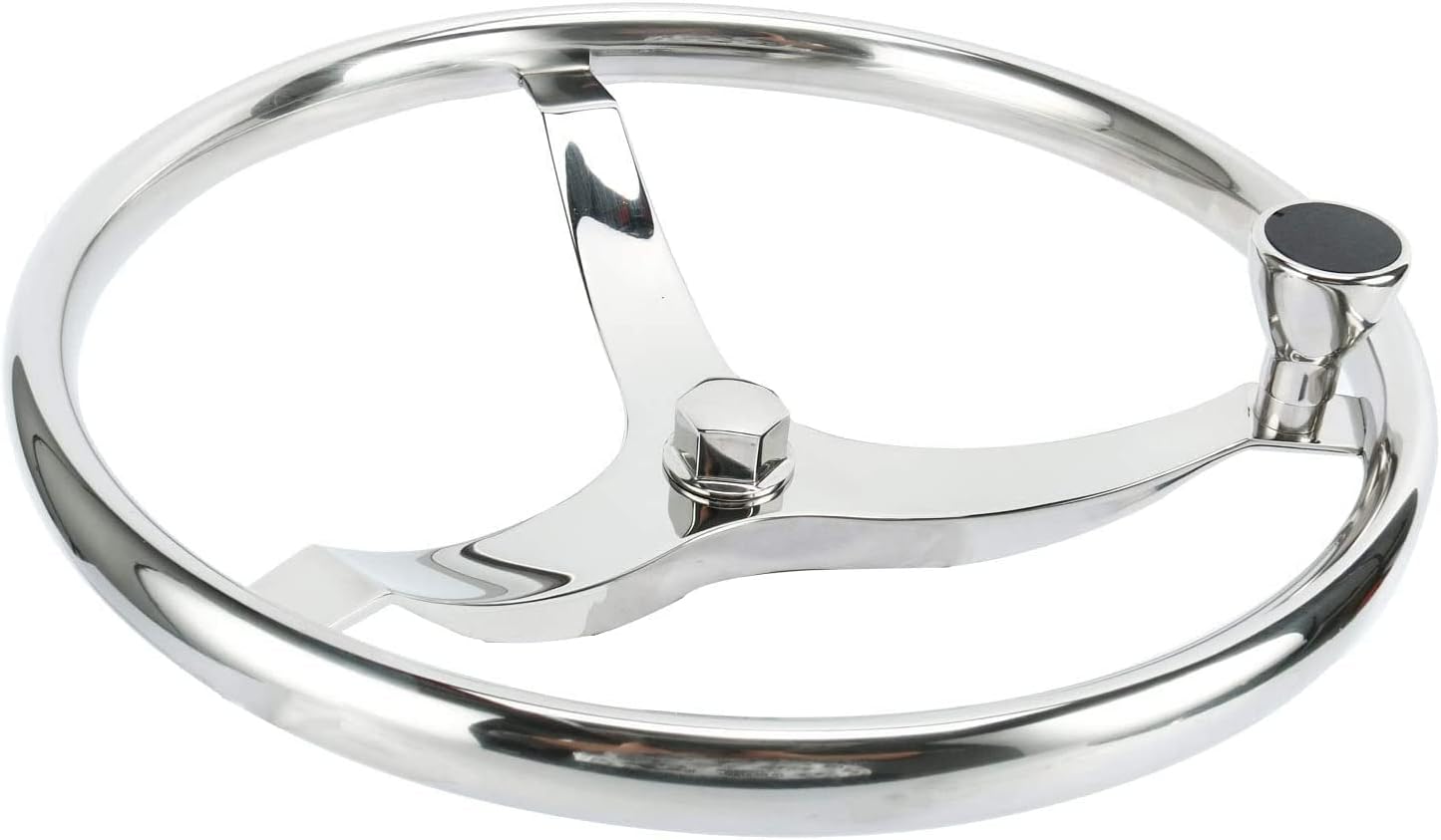 Amarine Made Stainless Steel Boat Steering Wheel 3 Spoke 15-1/2" Dia, with 1/2"-20 Nut and Turning Knob for Teleflex Cable Helm