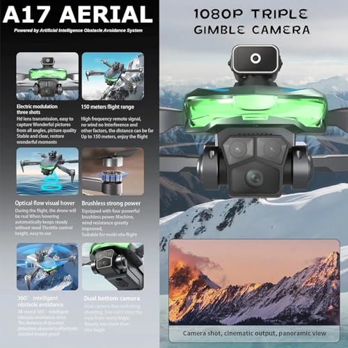 Image of A17 Aerial Drone with A.I. Obstacle Avoidance, 1080P Triple Gimbal Camera, Brushless Motor, 4K Camera Perfect for Aerial Photography & Outdoor Fun Drone