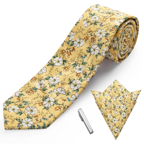 Image of YourTies Cotton Floral Tie for Men 2.5 inch Printed Skinny Necktie Pocket Square Tie Clip Set Flower Wedding Party Groom