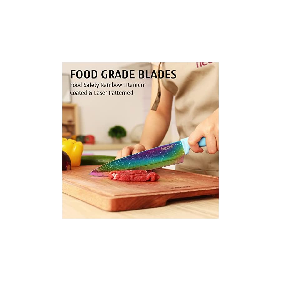 hecef-14-Pieces-Knife-Set-with-Block-Rainbow-Titanium-Knives-Set-with-Laser-Pattern-Martensitic-Stainless-Steel-Chef-Knife-Set-with-Sharpener-Steak-Knife-ScissorsBlue hecef 14 Pieces Knife Set with Block, Rainbow Titanium Knives Set with Laser Pattern, Martensitic Stainless Steel Chef Knife Set with Sharpener, Steak Knife, Scissors, Mothers Day Gift