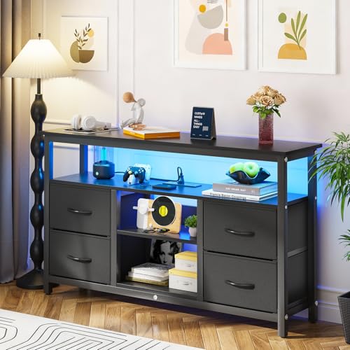 Haewon Black TV Stand with LED Lights and Power Outlets, Entertainment Center for 55 inch TV, Media Console Table with 4 Fabric Drawers and Open Shelf for Living Room, Wood Top and Metal Frame - Image 3