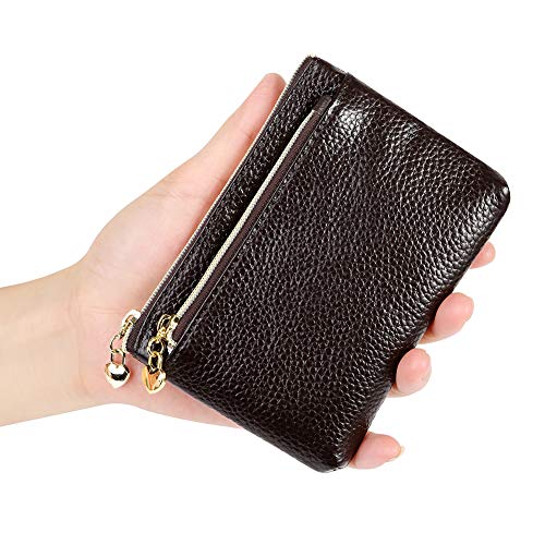 Image of Women's Genuine Leather Coin Purse Zipper Pocket Size Pouch Change Wallet, Coffee
