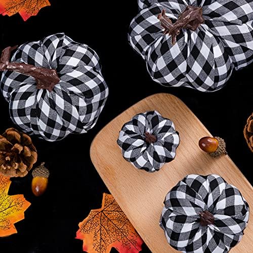 6Pcs Assorted Sizes Artificial Pumpkins Decoration Harvest Fall Black and White Grid Pumpkins Fake Foam Pumpkins for Fall Autumn Decor Thanksgiving Halloween Decorations