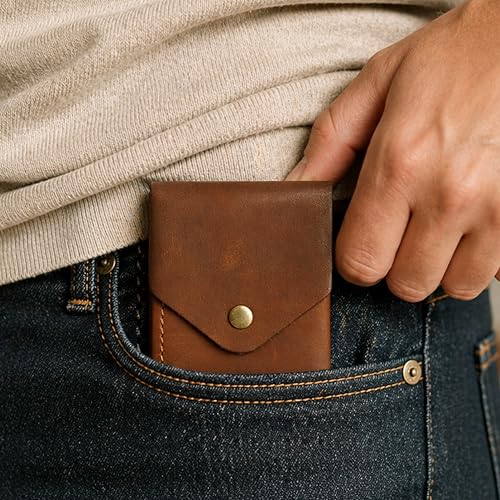 Image of The Wallet Store Flip 2.0 Genuine Leather Vertical Slim Wallet for Men | Easy Quick Card Access | Compact Front Cash Pocket & Button Lock | Minimalist Travel & Daily Carry Wallet (TAN)