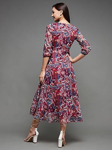 Image of Miss Chase Women's V Neck Full Sleeves Relaxed Fit Midi Length Dress