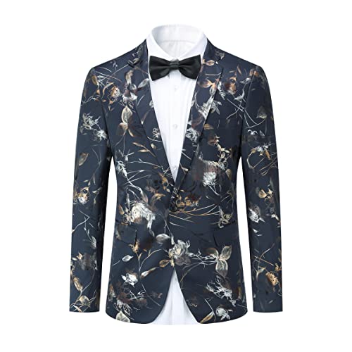 YOUTHUP Men's Blazers Slim Elegant Floral Prints Suit Jackets Dinner Chic Coats, Blue, M
