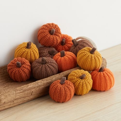 Image of Mini Knit Pumpkins, Orange, Set of 12 (Mini Orange Set 12) | Fall Decor, Bowl Fillers, Gold Accents, Thanksgiving Tablescape