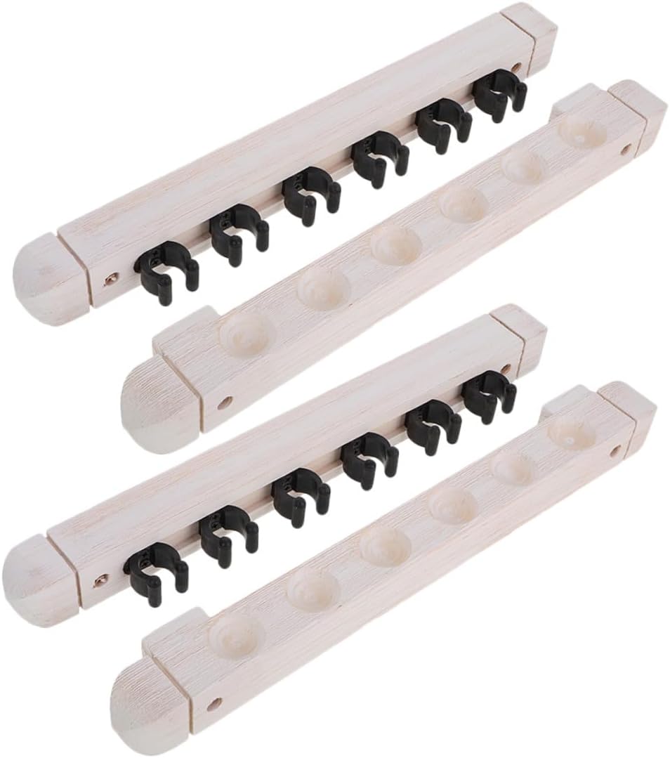 6-hole Solid Wood Pool Cue Rack Wall Mount Billiard Cue Holder with Slots, 2-pair Set White Billiards Accessories Storage for Pool Table Supplies