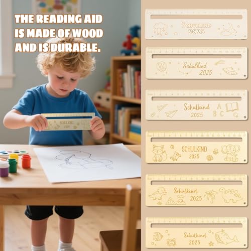 PangWuu 6 Stück Personalisiertes Lineal Schulanfang, Lesehilfe Kinder Mit 2025 Motiv, 18 cm Holzlineal Mit Namen, Kreatives Geschenk Zur Einschulung, Leselineal Für Grundschule Und Kindergarten