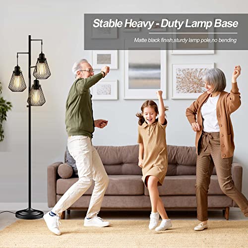 Qimh Dimmable Industrial Floor Lamp For Living Room Farmhouse Rustic, Tall Tree Standing Lamp With 3 Teardrop Hanging Edison Led Light Bulbs, Vintage Lamp For Ambience, Black #TOP3