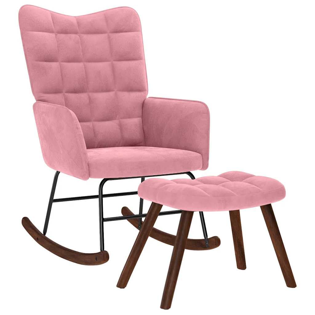 Mecedora de terciopelo con taburete rosa, sillón con asiento acolchado grueso y reposabrazos, marco estable de madera contrachapada y metal, patas de madera para un soporte seguro, versátil