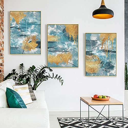 Toile nordique abstraite bleu jaune 3 pièces pour habiller un grand mur vide