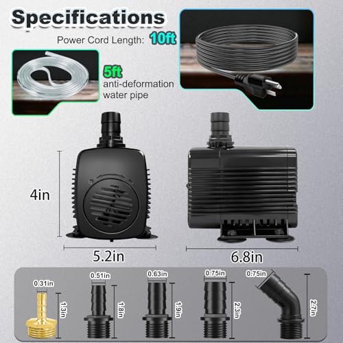 Image of 800GPH Submersible Fountain Pump with Tubing 10ft Outdoor Cord for Garden | Overheat Protection, Ground Cord with 3-Prong Plug Safer for Indoor and Outdoor Use
