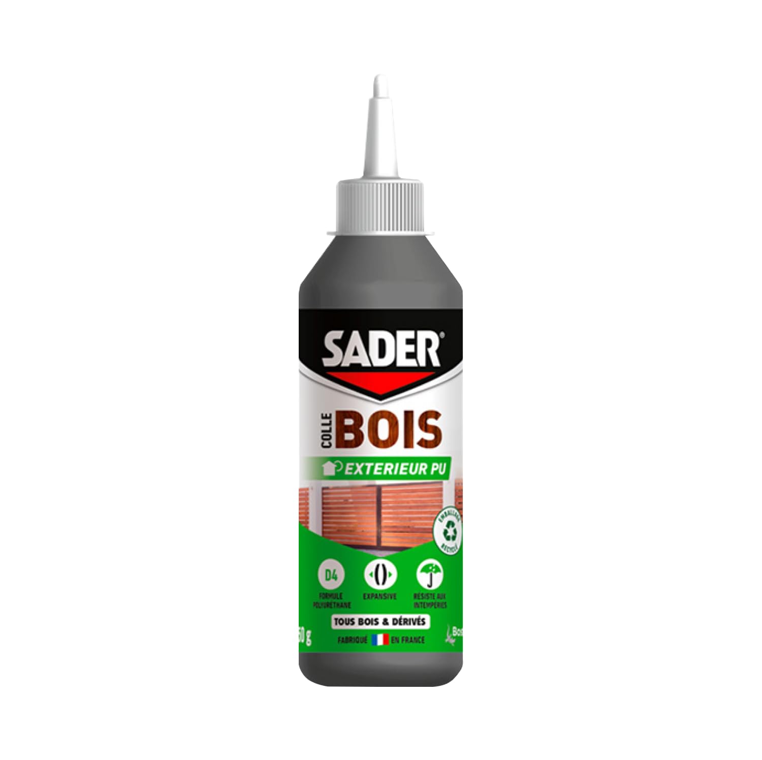 Sader Colle à Bois Extérieur PU Polyuréthane – Formule D4 Expansive – Colle Forte pour Tous Bois et Dérivés – Ultra Résistante à l'Humidité et à la Chaleur – Biberon de 250 g