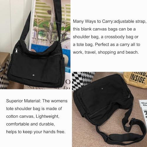 Image of Cotton Tote Handbag Women Canvas Crossbody Beach Bag Hobo Shoulder Tote Bag with 3 External Pocket,Zipper Closure