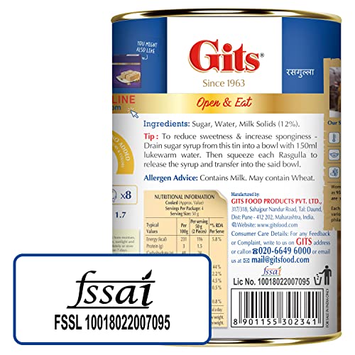 Image of Gits Rasgulla Tin | 500gm, 8 Pieces |Open & Eat | Mouth-Watering Indian Mithai | Delicious, juicy (Pack of 3)