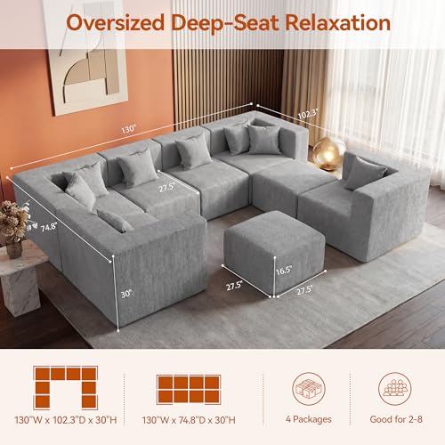 Image of MONVANE Modular Sectional Sofa, Oversized 8 Seat Convertible U Shaped Couch with Ottoman, Comfy Chenille Cloud Couch with Deep Seat, Sectional Couches for Living Room, No Assembly Required, Light Grey