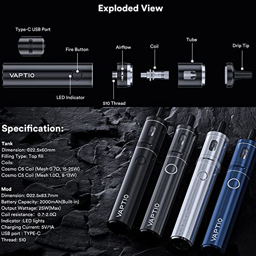 VAPTIO Cosmo A2 Kit Elektronische Zigarette 2000 mAh 25W Vape Pen mit 2 Stück 0,7 ohm(C6)/ 1,0 ohm(C5) Mesh Coil,No E Liquid No Nicotine – Bild 4