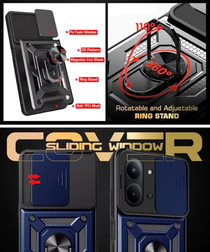 Image of WOW IMAGINE Tough Armor Bumper Mobile Back Case for Mi Redmi 15C 5G | Poco C85 5G | Sliding Camera Cover | Shock Proof 360 Protection | Hybrid PC + TPU | Ring Holder with Kickstand - Blue
