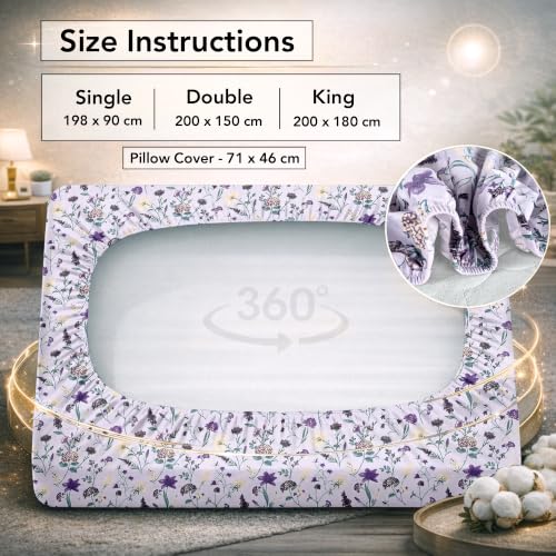 Image of Divine Casa King Size Fitted Bedsheet with 2 Pillow Covers (200 x 180 CM) | Cotton Twill Satin Floral Print | Purple Elastic Fitted Sheet for Mattress.