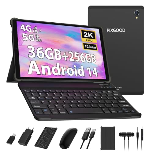 PIXGOOD 2K Tablet 10.4 Pulgadas, Android 15, 36GB RAM+256GB ROM (2TB TF), Octa-Core, INCELL 2000 * 1200, 5G WiFi, 8000mAh, 13MP+8MP, GPS, Tablet con Teclado ect (Negro)