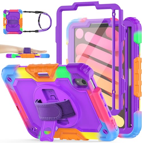 Image of SEYMAC stock Case for iPad Mini 6 8.3'' 2021 with Screen Protector Pencil Holder [360 Rotating Hand Strap] &Stand, Drop-Proof Case for iPad Mini 6th Generation 8.3 inch, Purple+Colorful
