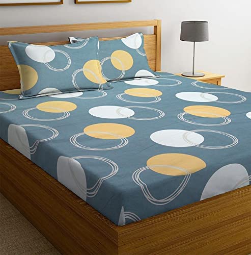 NEW LEAF Cotton Feel All Around Elastic Fitted Glace Printed King Size Double Bed Bedsheet with 2 Large Pillow Covers Fits Upto Mattress of 8 Inches,Size-72 x 78 + 10 Inches, Grey White Cricle (B0BRC23PJL) Amazon Price History, Amazon Price Tracker
